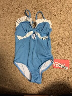 PatPat Light Blue One-Piece Swimsuit with White Ruffle Trim